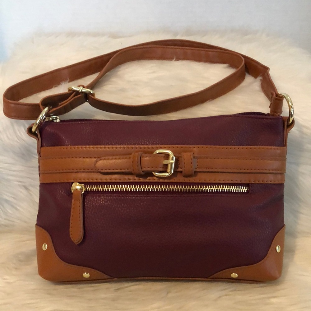 Burgundy and Tan Crossbody Handbag
